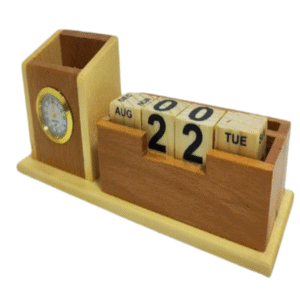 Wooden perpetual calendar with a pen holder and clock