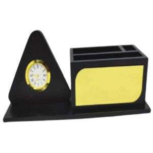 Desk organizer that combines a small clock and pen holder